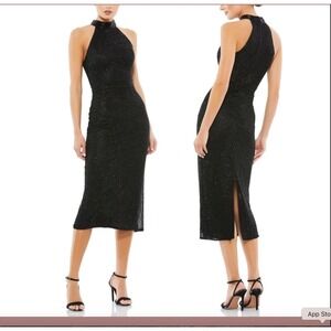 Mac Duggal 5531 Beaded Halter Midi Dress Size 0 Black Diamond Mesh Old Hollywood